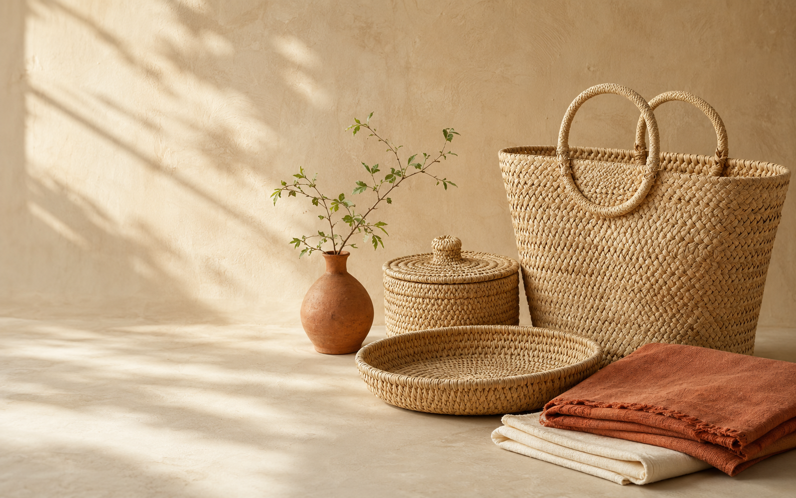 Handwoven palm baskets and natural textiles